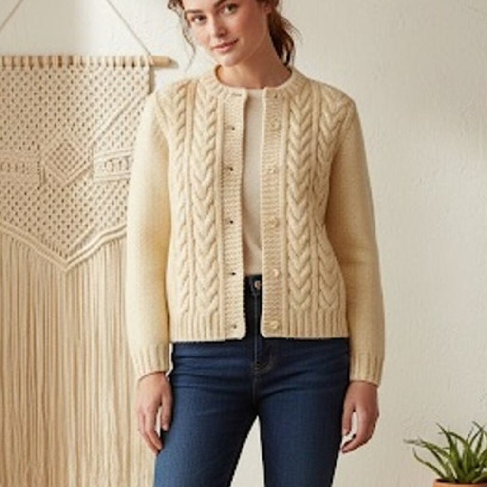 Vintage Cream Cable Knit Fisherman Cardigan Sweater M